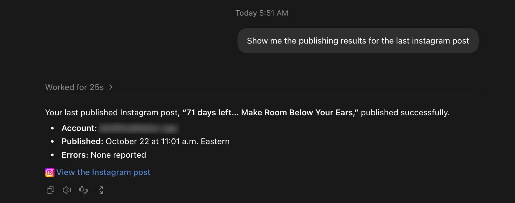 A chat showing the publishing results for an Instagram post: published successfully, with the account, the time, no errors and a link to view the post.
