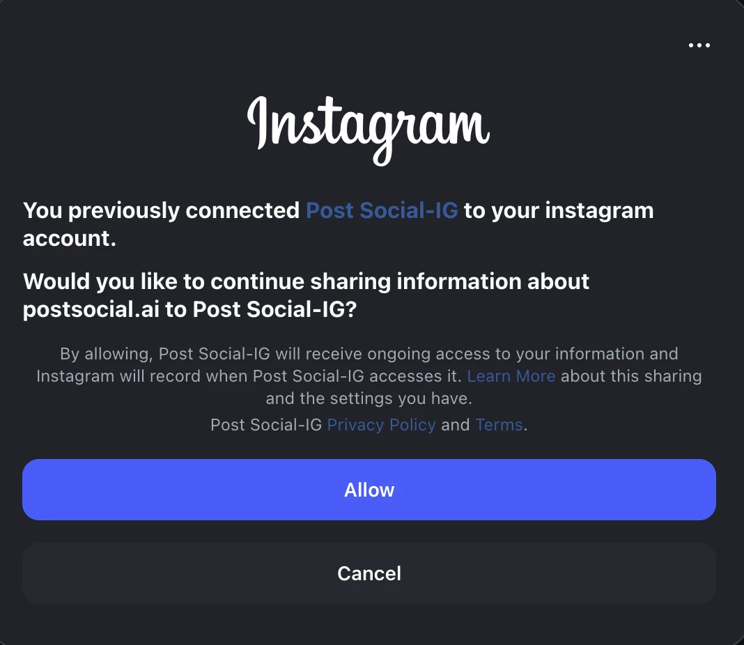 Instagram asking whether to allow Post Social to access your account, with Allow and Cancel buttons.