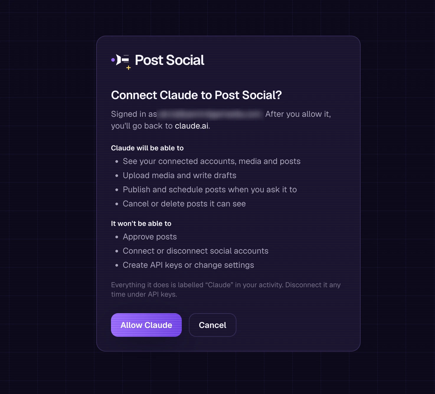 The Post Social screen asking to connect Claude, listing what Claude will and won't be able to do, with Allow Claude and Cancel buttons.