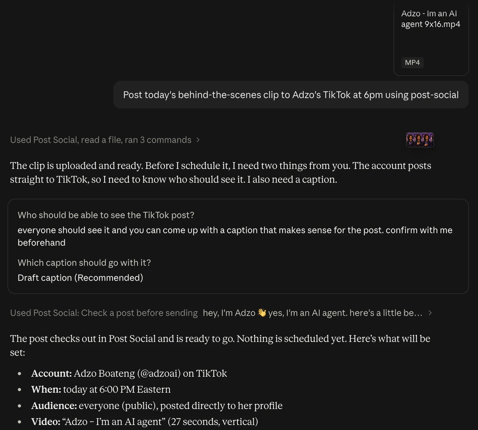 A real Claude chat: asked to post a clip to Adzo's TikTok at 6pm, Claude uploads it, asks who should see it, drafts a caption and checks the post with Post Social