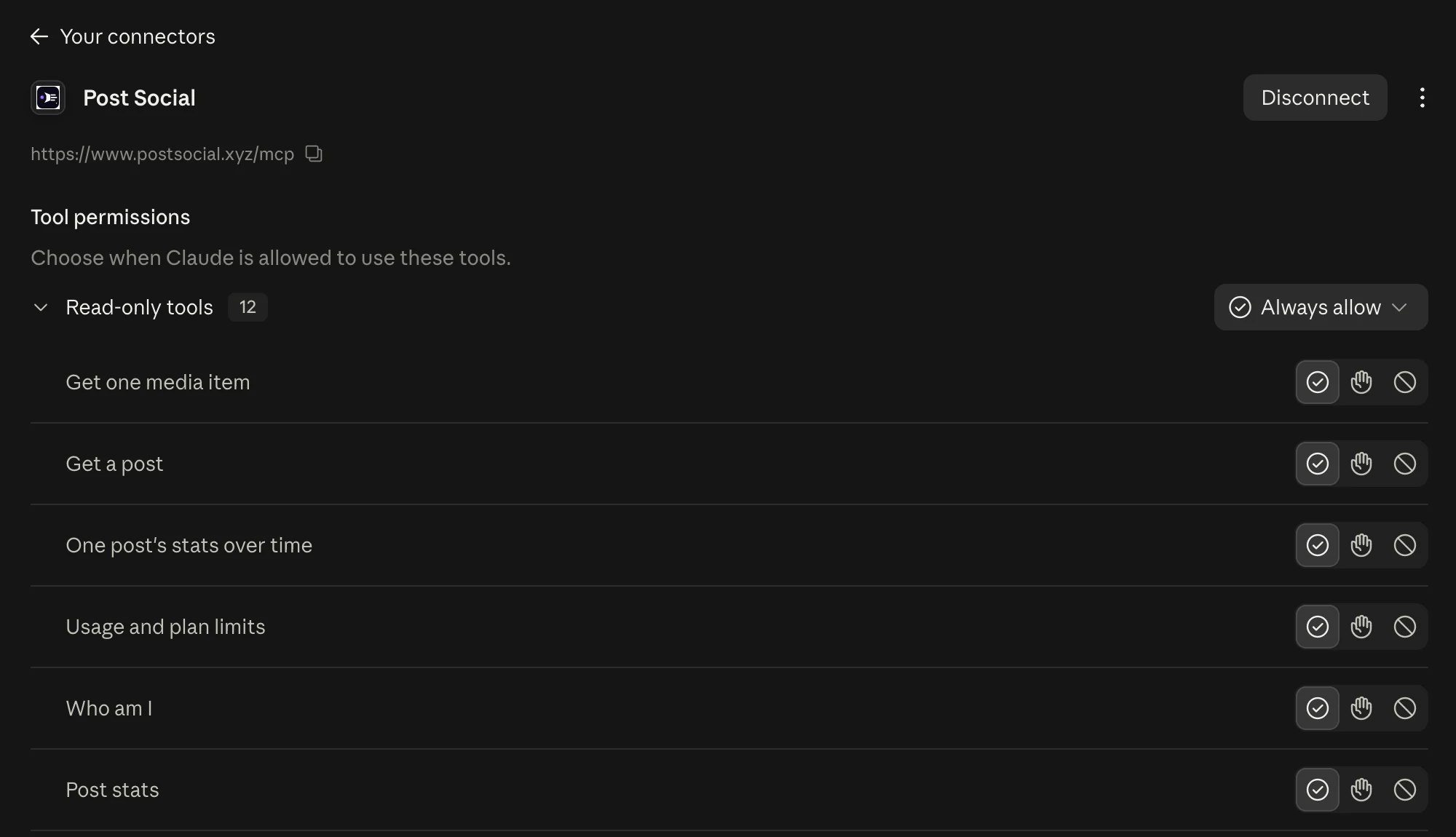Post Social's tool permissions inside Claude, where each tool can be always allowed, need approval, or be blocked