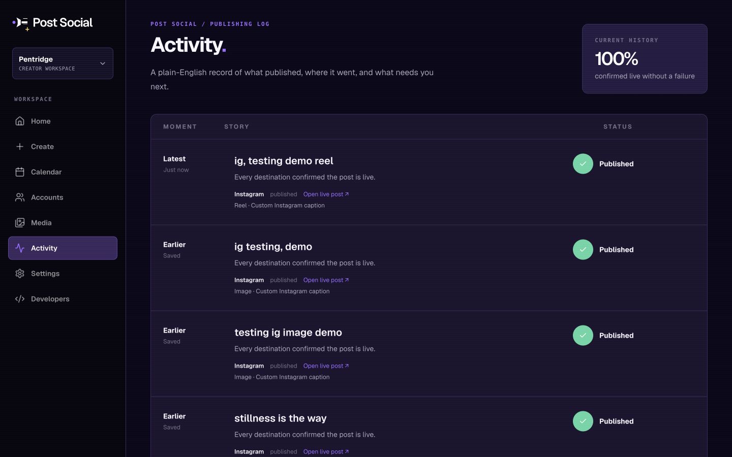 Post Social activity feed with publishing status